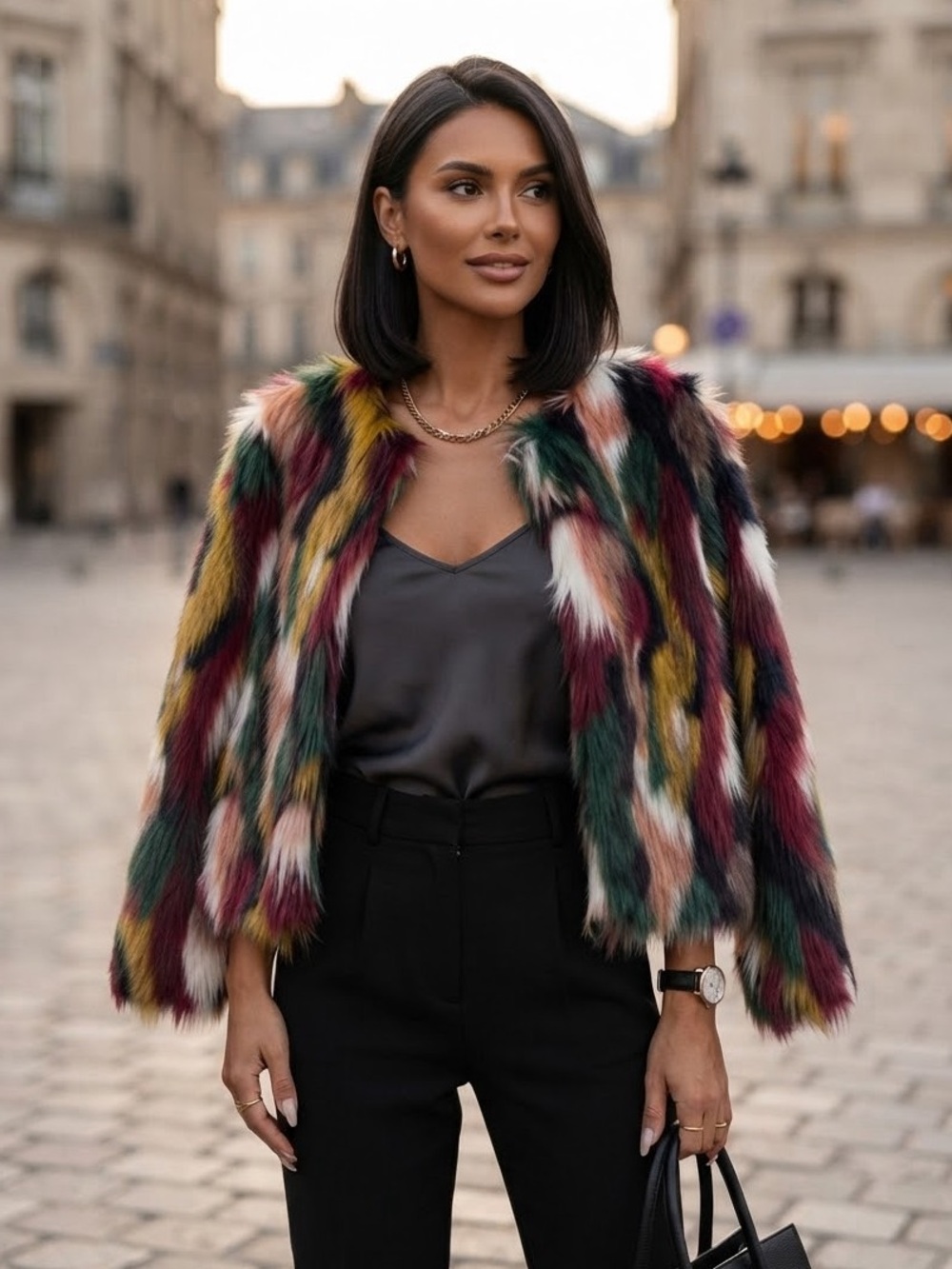 Fashion Fashion Collection Multi-Color Faux Fur Shaggy Jacket